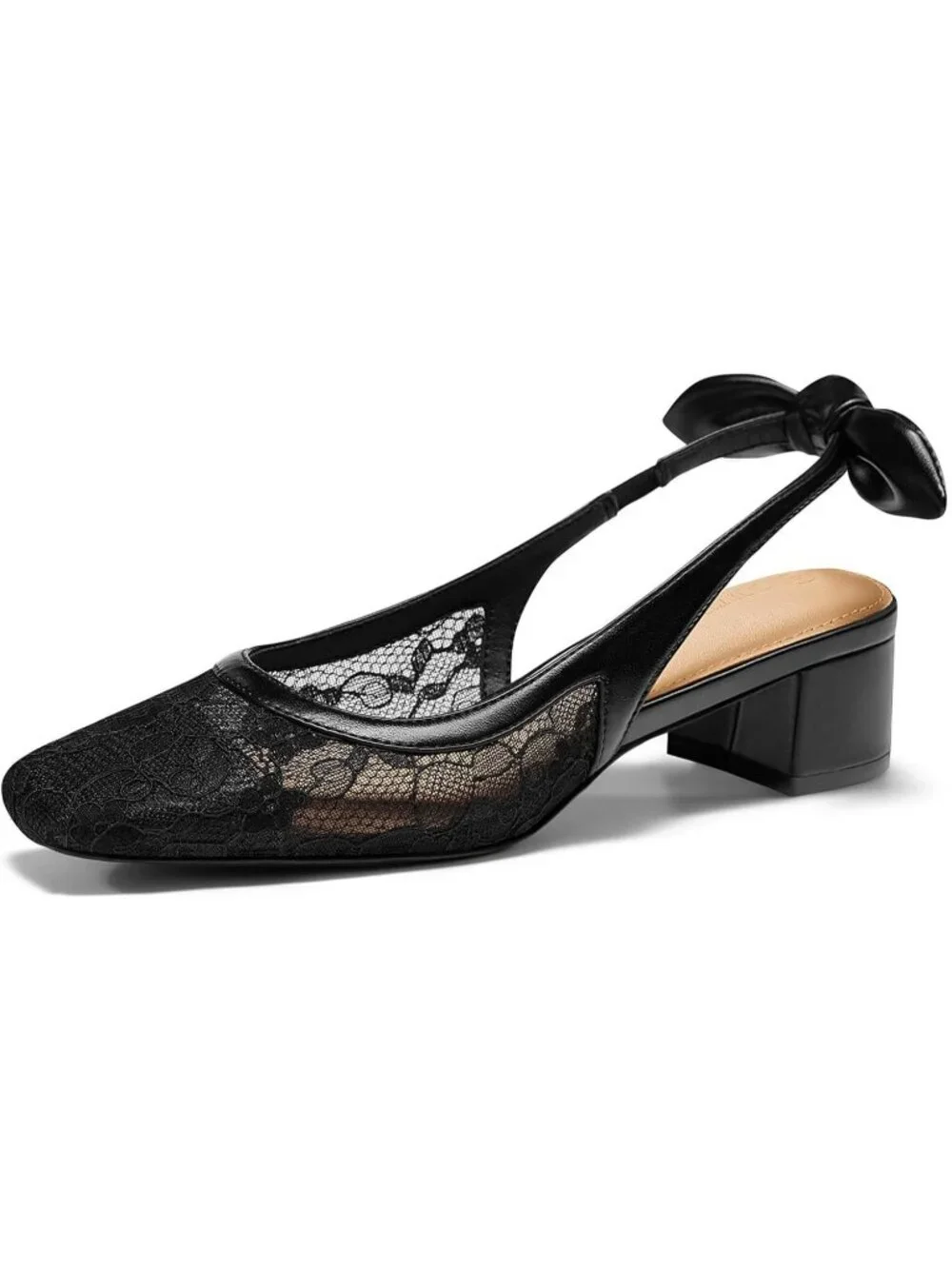 Women's Black Lace Chunky Low Heels Bow Slingback Closed Square Toe Pumps Shoes